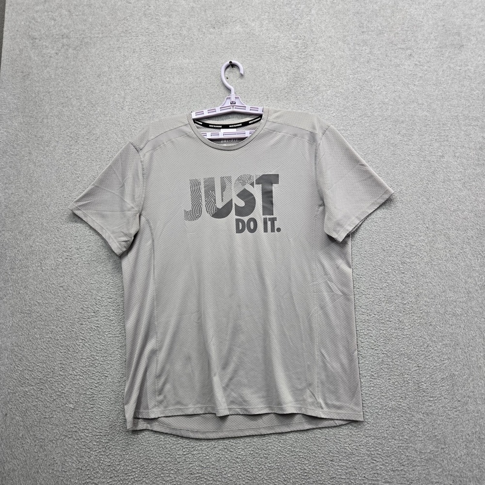 Nike Men Shirt L Gray Slogan Dri-Fit Activewear Logo Short Sleeve